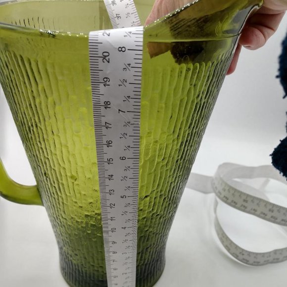 Vintage 60's Avocado Green Tree Bark Glass Jeannette Pitcher MCM - Picture 2 of 6